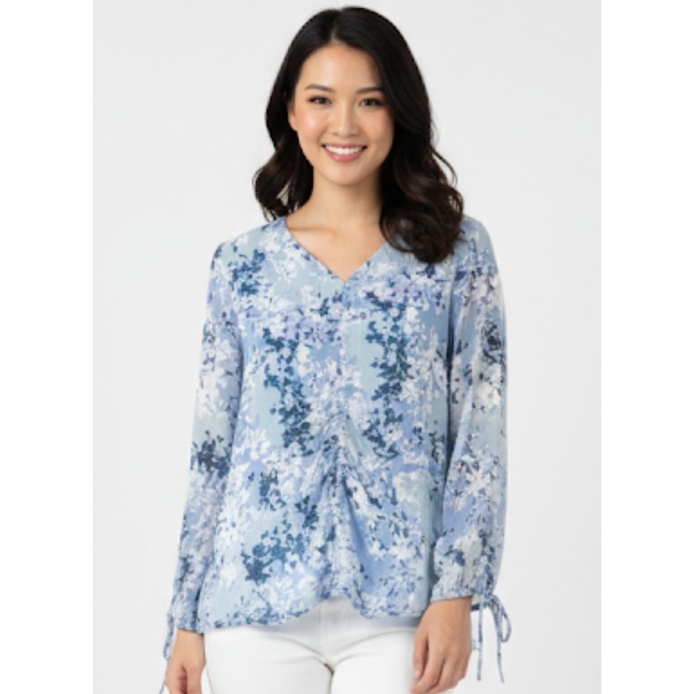 NWOT Belle by Kim Gravel QVC Tunic Blouse Top Women S Floral Blue Boho vneck 228